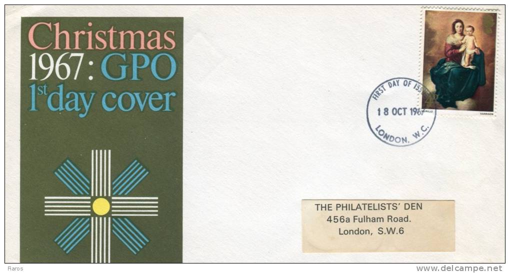 Great Britain- First Day Cover FDC- "Christmas: Madonna And Child, By Murillo" Issue [London 18.10.1967] -posted - 1952-71 Ediciones Pre-Decimales