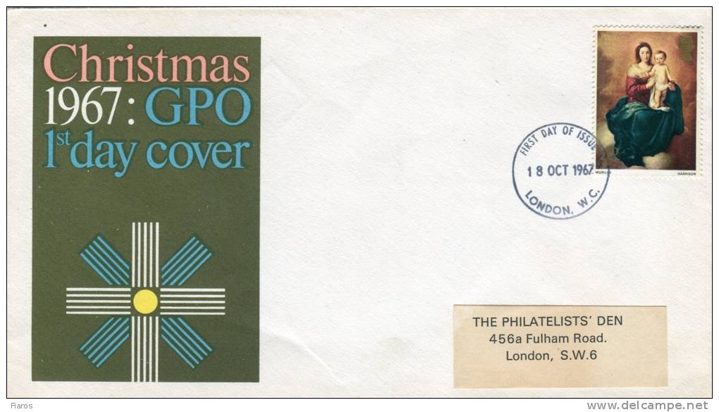 Great Britain- First Day Cover FDC- "Christmas: Madonna And Child, By Murillo" Issue [London 18.10.1967] -posted - 1952-1971 Em. Prédécimales