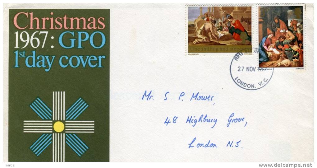 Great Britain- First Day Cover FDC- "Adoration Of Shepherds, By Le Nain & School Of Seville" Issue [London 27.11.1967] - 1952-71 Ediciones Pre-Decimales