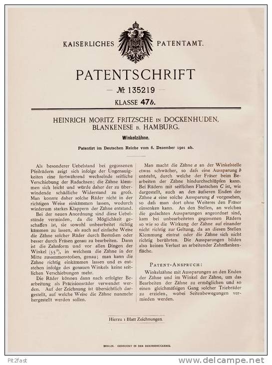 Original Patentschrift - H. Fritzsche In Dockenhuden , Blankenese B. Hamburg , 1901 , Winkelzähne !!! - Historische Dokumente