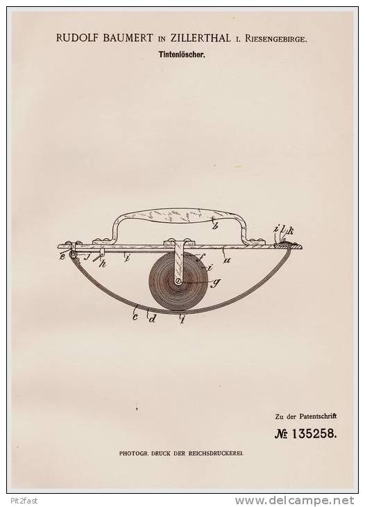 Original Patentschrift - R. Baumert In Zillerthal I. Riesengebirge , 1901 , Tintenlöscher , Tinte !!! - Historische Dokumente