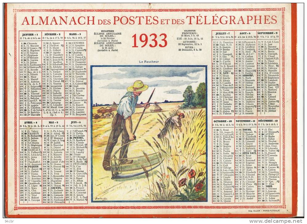 ALMANACH  DES POSTES ET DES TELEGRAPHES( 1933)   Le Faucheur - Grand Format : 1921-40