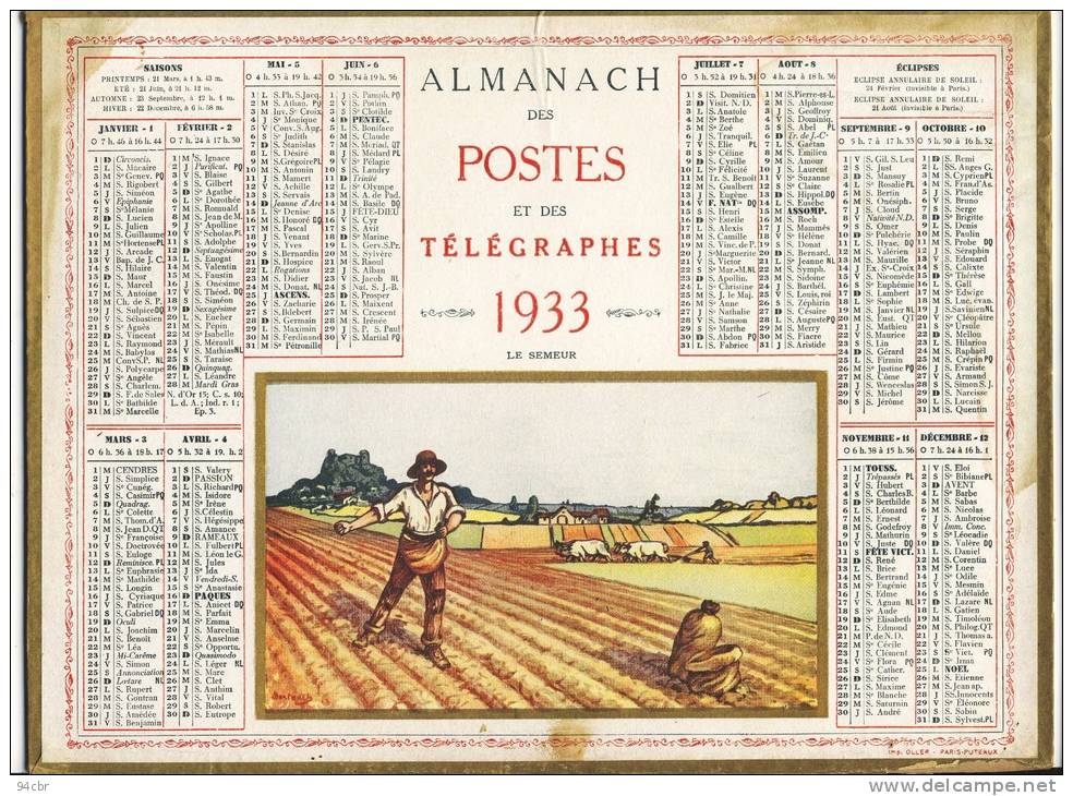 ALMANACH  DES POSTES ET DES TELEGRAPHES( 1933)   Le Semeur - Grand Format : 1921-40