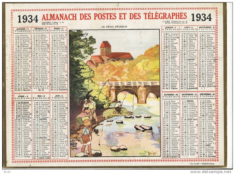 ALMANACH  DES POSTES ET DES TELEGRAPHES( 1934)    Le Petit  Pecheur - Big : 1921-40