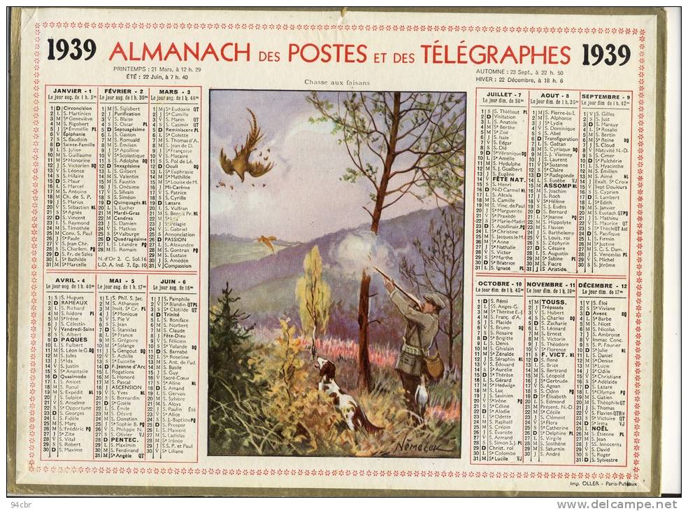 ALMANACH  DES POSTES ET DES TELEGRAPHES( 1939)    Chasse Aux Faisans - Tamaño Grande : 1921-40