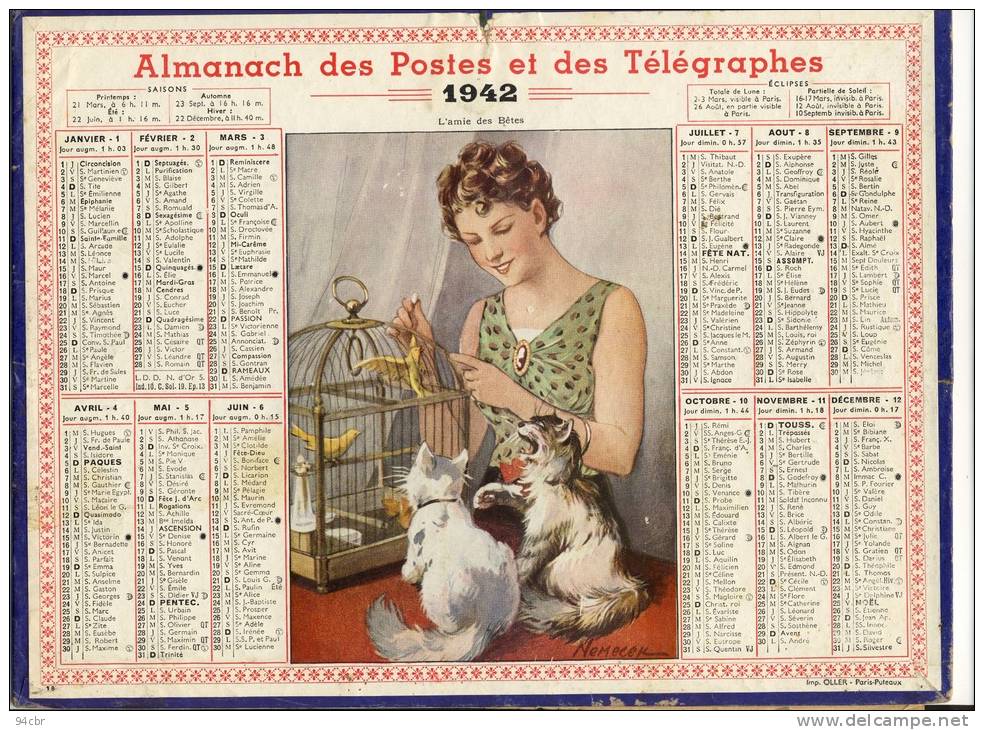 ALMANACH  DES POSTES ET DES TELEGRAPHES( 1942)  L Amie Des Betes - Grossformat : 1941-60