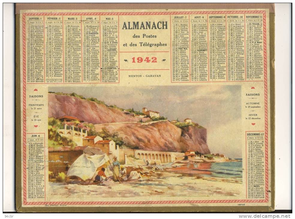 ALMANACH  DES POSTES ET DES TELEGRAPHES( 1942)   MENTON  Garavan - Grossformat : 1941-60