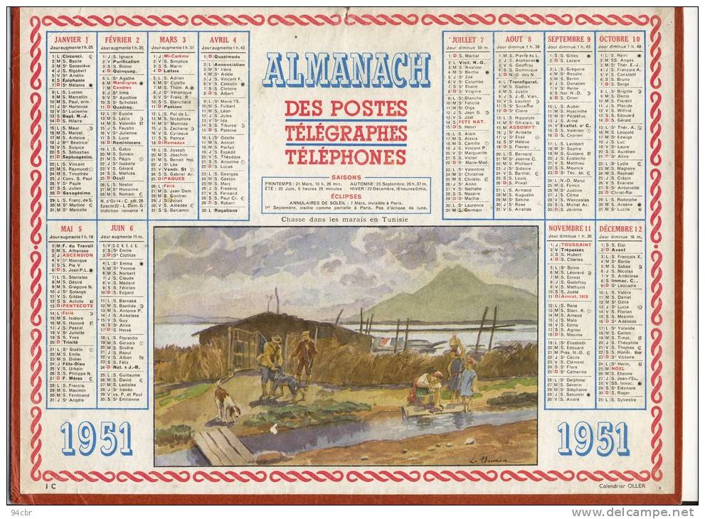 ALMANACH  DES POSTES ET DES TELEGRAPHES( 1951)   Chasse Dans Les Marais En Tunisie - Grand Format : 1941-60