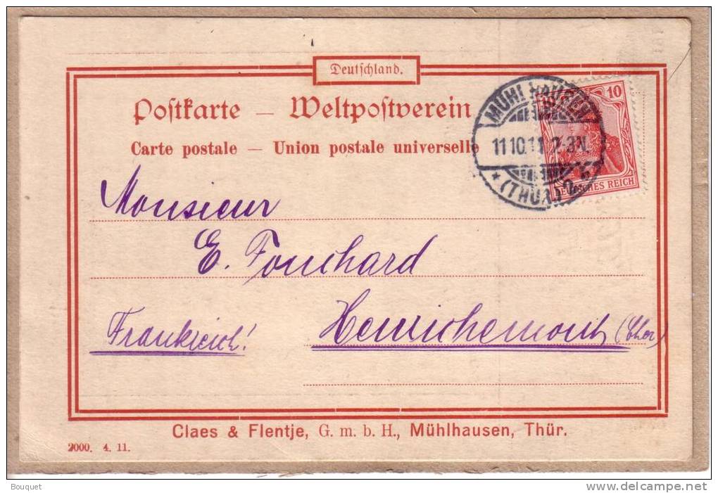 HAUT RHIN , OCCUPATION ALLEMANDE - MULHOUSE , MULHAUSEN - POSTKARTE WELTPOSTVEREIN - FACTURE DE CLAES & FLENTJE - 1911 - Mulhouse