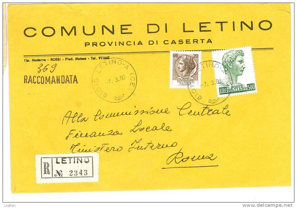 LETINO 81010 PROV. CASERTA - ANNO 1980 - R -TEMATICA COMUNI D'ITALIA - STORIA POSTALE - Macchine Per Obliterare (EMA)