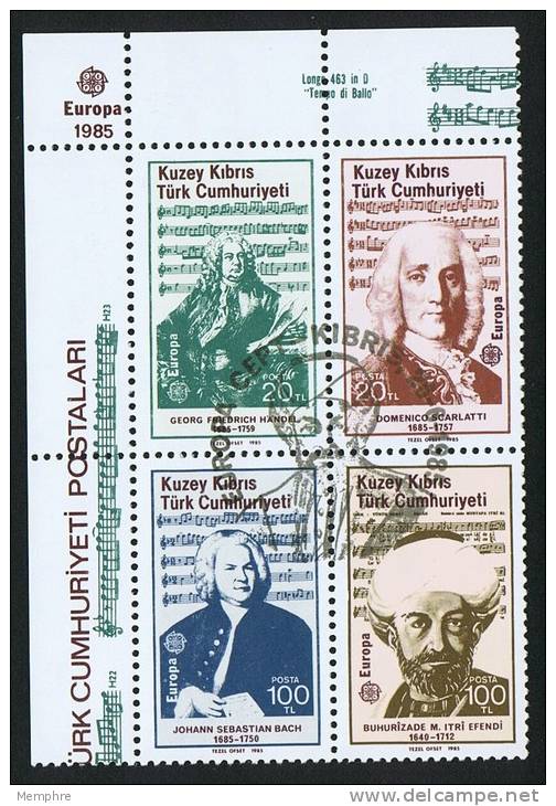 1985  Europa Issue: Musicians: Händel, Scarlatti, Bach, Corner Block Of 4  First Day Cancel - Usados