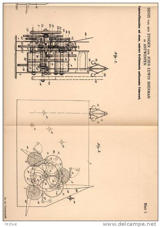 Original Patentschrift - D. Van Den Eynden In Antwerpen , 1901 , Federkraftmaschine !!! - Machines