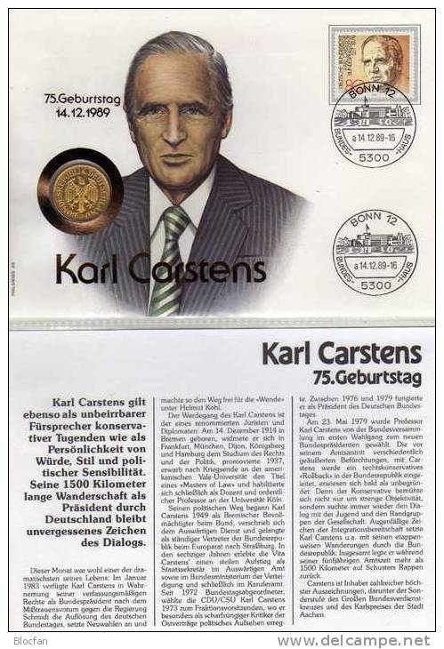 Numisbrief Demokratie 1989 Numisletter Bundesbank 1DM In Gold+BRD 1160 O 20€ Porträt Präsident Carstens Cover Of Germany - 1 Mark