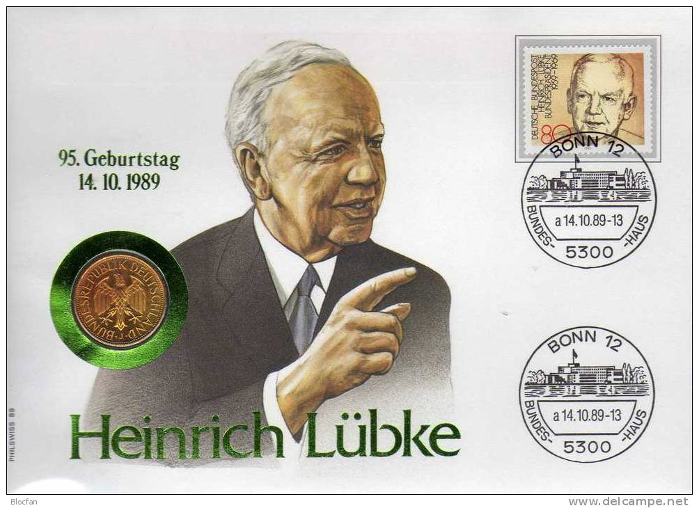 Numisbrief Demokratie 1989 Numisletter Bundesbank 1DM In Gold + BRD 1157 O 20€ Porträt Präsident Lübke Cover Of Germany - 1 Mark