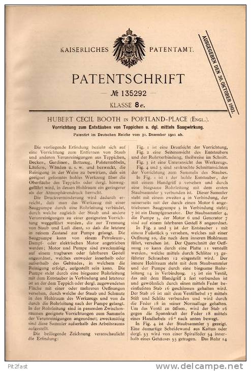 Original Patentschrift - H. Booth In Portland Place , England , 1901 , Staubsauger Für Teppich Und Polstermöbel  !!! - Tools