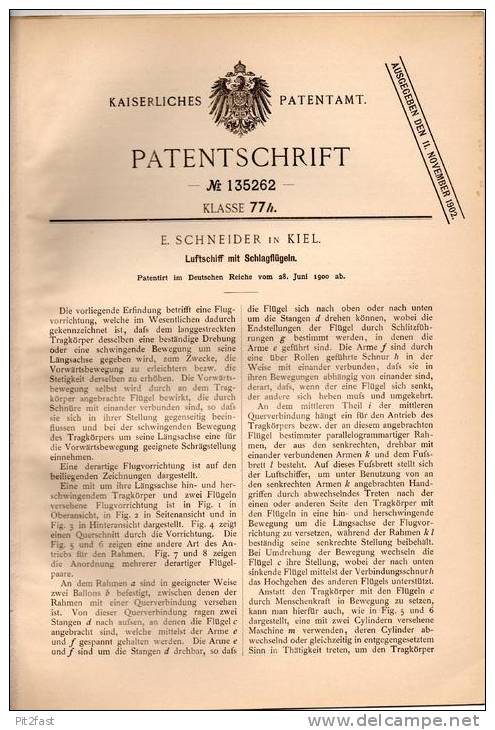 Original Patentschrift - E. Schneider In Kiel , 1900 , Luftschiff Mit Schlagflügeln , Flugzeug !!! - Fliegerei