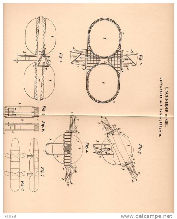 Original Patentschrift - E. Schneider In Kiel , 1900 , Luftschiff Mit Schlagflügeln , Flugzeug !!! - Aviation