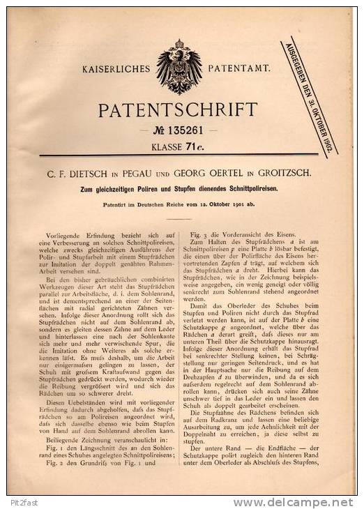 Original Patentschrift - C. Dietsch In Pegau Und Groitzsch , 1901 , Schnittpoliereisen , Politur !!! - Historische Dokumente