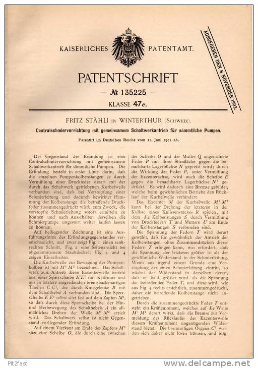 Original Patentschrift - Fritz Stähli In Winterthur , 1901 , Central - Schmierapparat Für Pumpen !!! - Machines