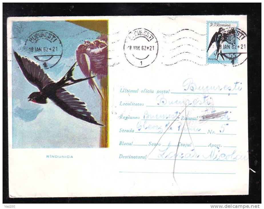 SWALLOW,HIRONDELLES,1961, COVER  STATIONAY ENTIER POSTAL,SENT TO MAILL,VERY RARE,ROMANIA - Hirondelles