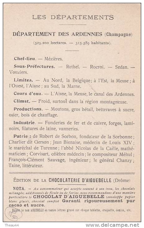 ¤¤  - Carte Publicitaire De La Chocolaterie D'Aiguebelle  -  Département Des ARDENNES   -   ¤¤ - Autres & Non Classés