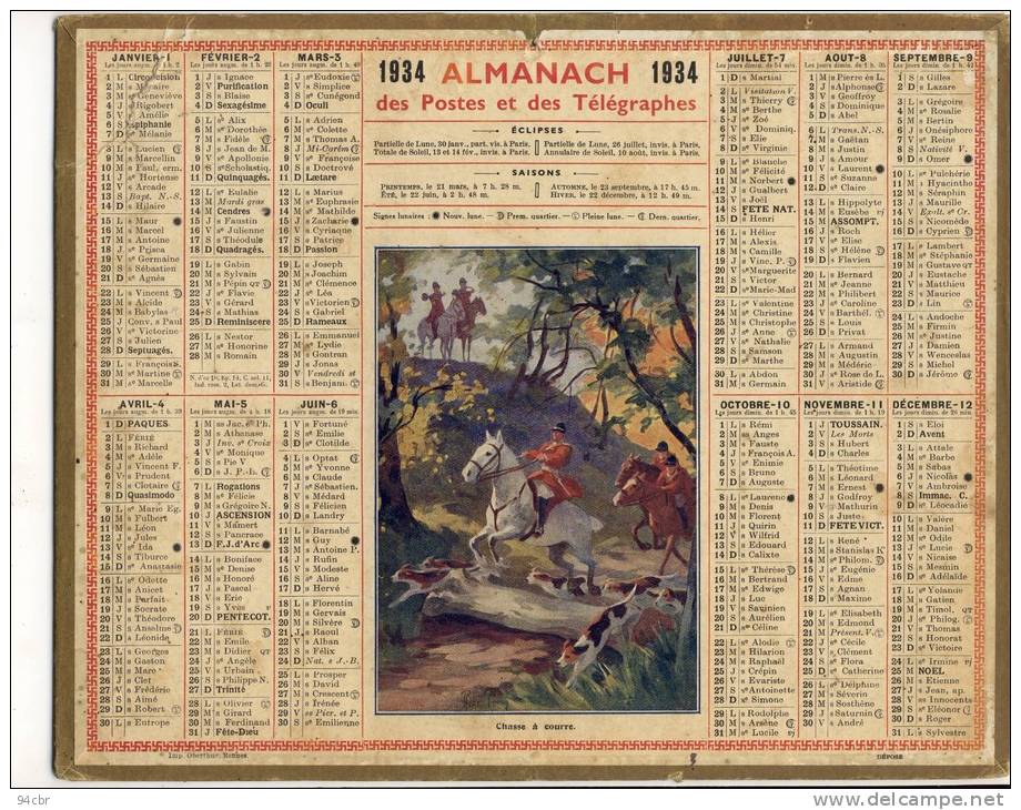 ALMANACH  DES POSTES ET DES TELEGRAPHES( 1934)   Chasse A Courre - Tamaño Grande : 1921-40