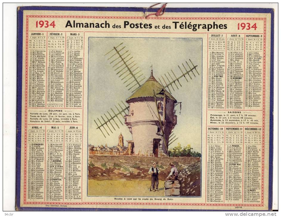 ALMANACH  DES POSTES ET DES TELEGRAPHES( 1934)  Moulin A Vent Sur La Route De Bourg De Batz - Tamaño Grande : 1921-40