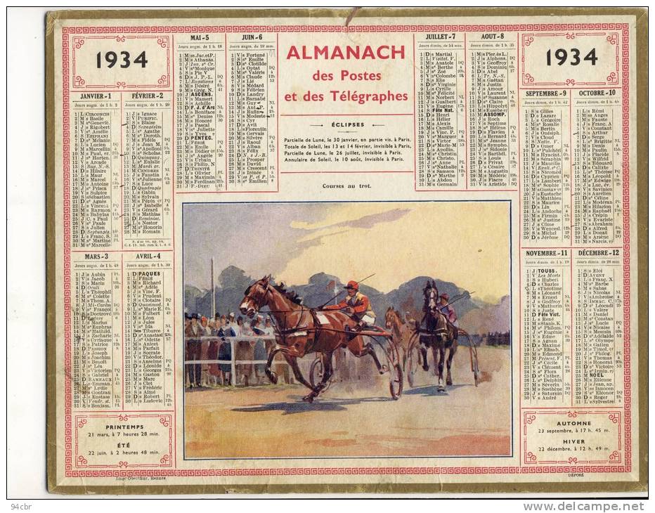 ALMANACH  DES POSTES ET DES TELEGRAPHES( 1934)   Courses Au Trot - Formato Grande : 1921-40