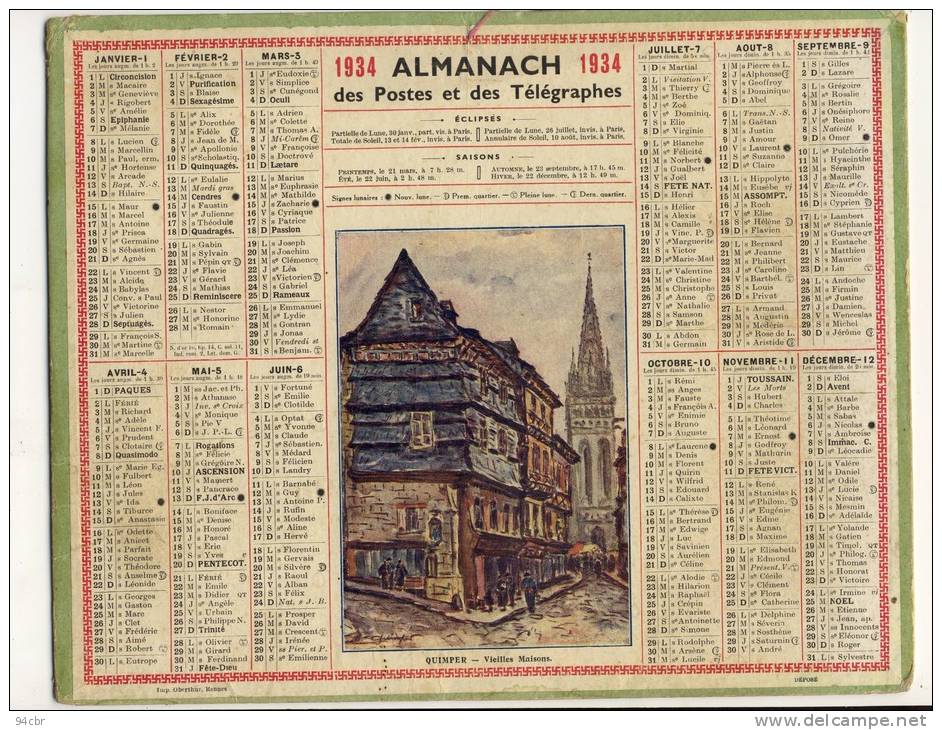 ALMANACH  DES POSTES ET DES TELEGRAPHES( 1934)    QUIMPER Vieilles Maisons - Grand Format : 1921-40