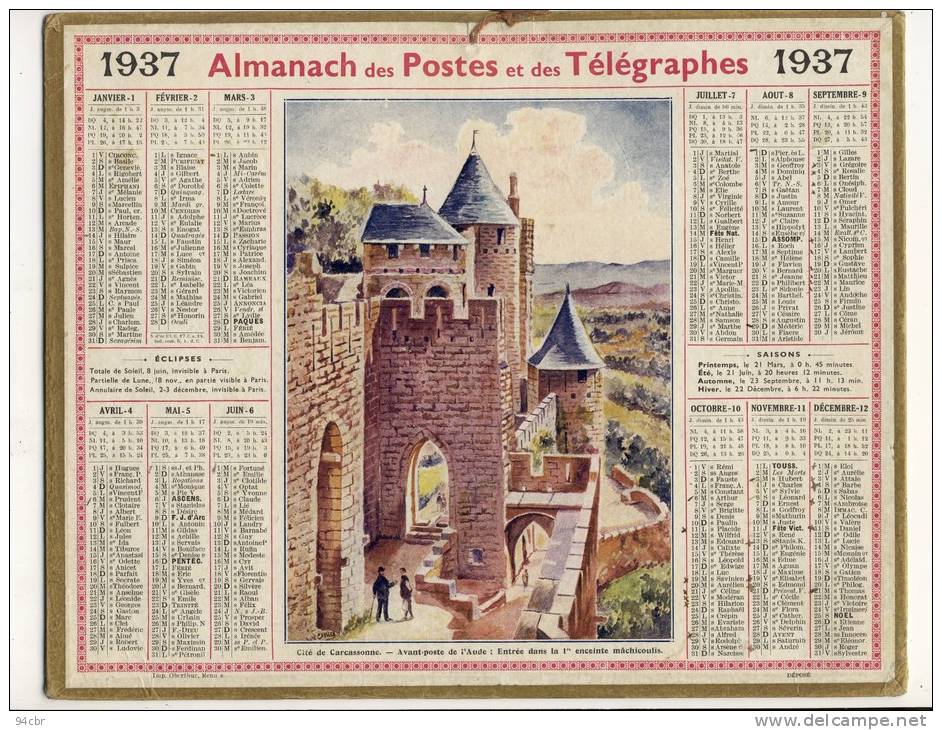 ALMANACH  DES POSTES ET DES TELEGRAPHES( 1937) Cite De Carcassonne - Big : 1921-40