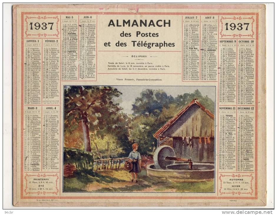 ALMANACH  DES POSTES ET DES TELEGRAPHES( 1937 )  Vieux Pressoir  PASSAIS LA CONCEPTION - Grand Format : 1921-40