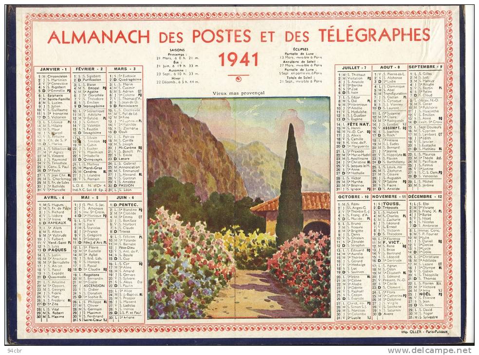 ALMANACH  DES POSTES ET DES TELEGRAPHES( 1941)   Vieux Mas Provençal - Grossformat : 1941-60