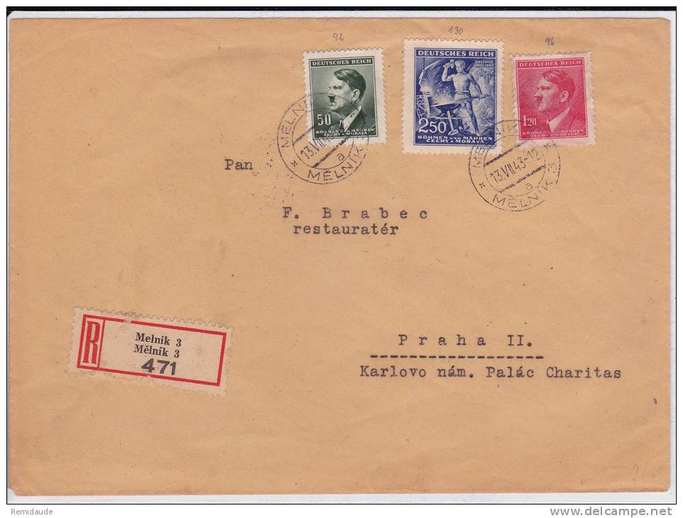 BÖHMEN UND MÄHREN - 1943 - ENVELOPPE RECOMMANDEE De MELNIK - HITLER - - Covers & Documents