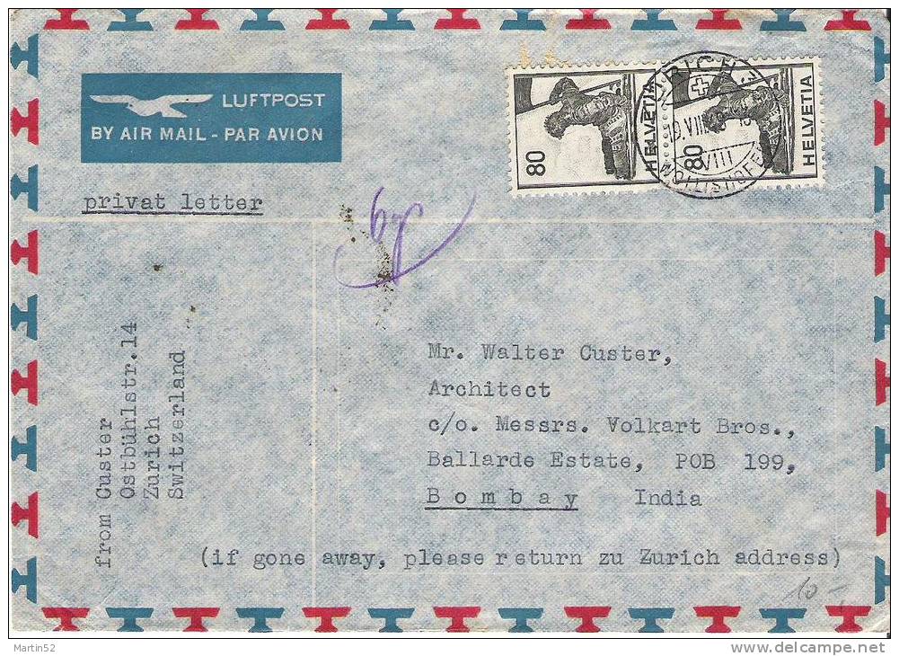 Flugbrief Von ZÜRICH 19.VIiI.1948 Mit Zu 246 Mi 380 Im Paar Nach Bombay (Indien) - Sonstige & Ohne Zuordnung