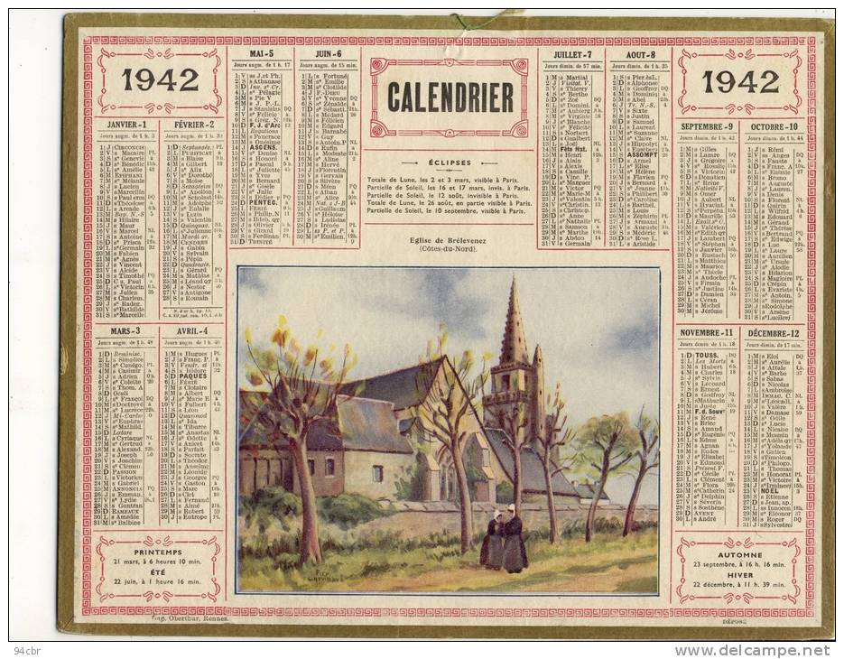 ALMANACH  DES POSTES ET DES TELEGRAPHES(   1942) Eglise De Brelevenez (cotes Du Nord) - Grand Format : 1941-60