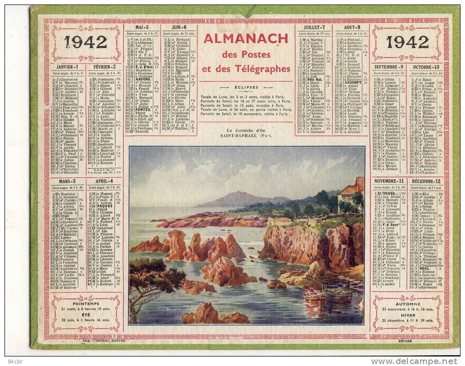 ALMANACH  DES POSTES ET DES TELEGRAPHES(   1942)  La Corniche D Or SAINT RAPHAEL - Grand Format : 1941-60