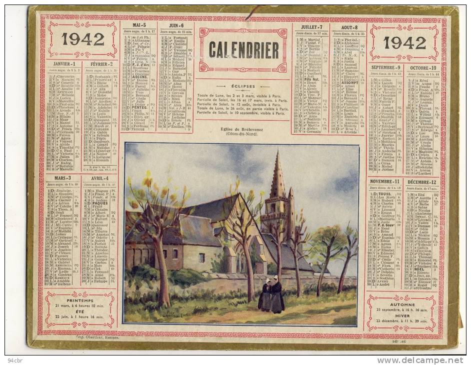 ALMANACH  DES POSTES ET DES TELEGRAPHES(   1942)   Eglise De Brelevenez - Grand Format : 1941-60