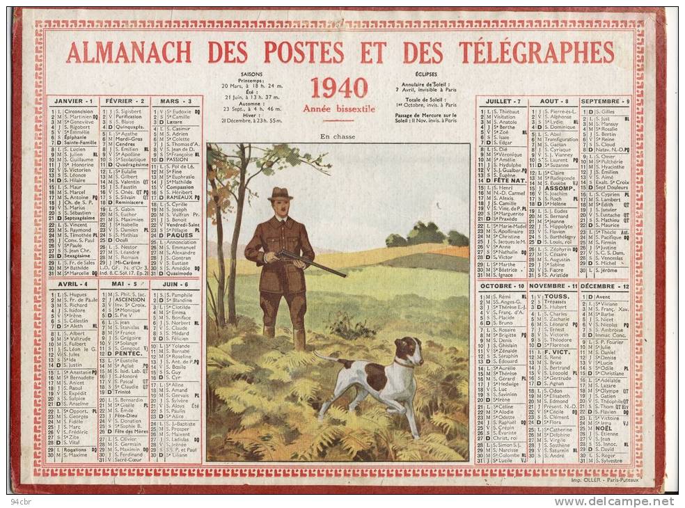 ALMANACH  DES POSTES ET DES TELEGRAPHES(   1940)     En Chasse - Grand Format : 1921-40