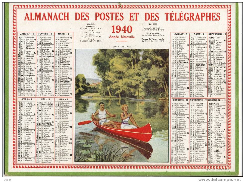 ALMANACH  DES POSTES ET DES TELEGRAPHES(   1940)      Au Fil D L Eau - Formato Grande : 1921-40