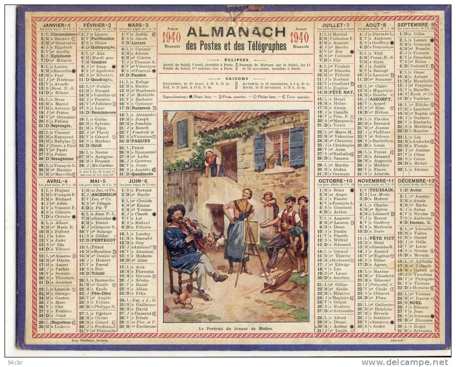 ALMANACH  DES POSTES ET DES TELEGRAPHES(   1940)       Le Portrait Du Joueur De Biniou - Big : 1921-40