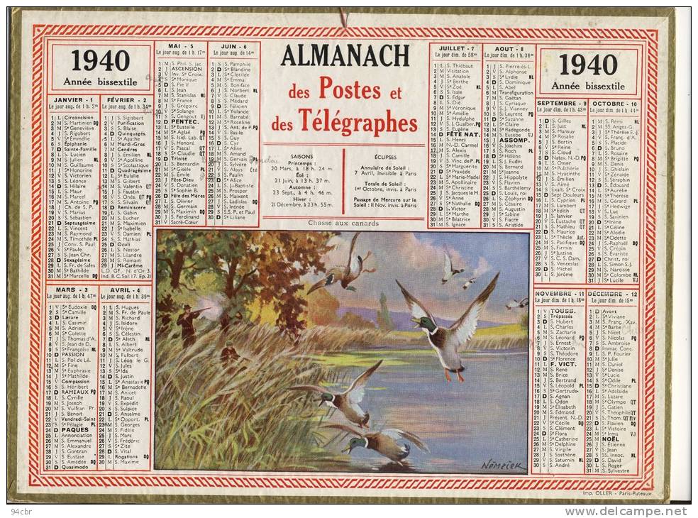 ALMANACH  DES POSTES ET DES TELEGRAPHES(   1940)     Chasse Aux Canards - Tamaño Grande : 1921-40