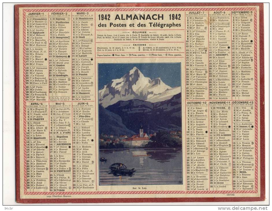 ALMANACH  DES POSTES ET DES TELEGRAPHES(   1942) Sur Le Lac - Big : 1941-60