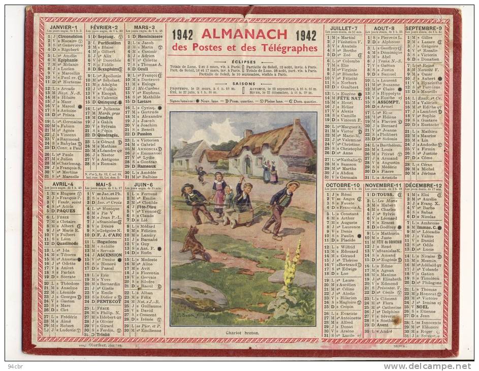 ALMANACH  DES POSTES ET DES TELEGRAPHES(   1942)  Chariot Breton - Grossformat : 1941-60