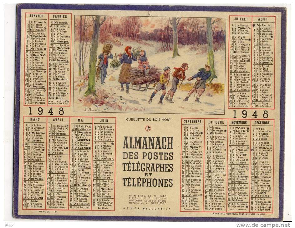 ALMANACH  DES POSTES ET DES TELEGRAPHES(   1948) Ceuillette Du Bois Mort - Grand Format : 1941-60