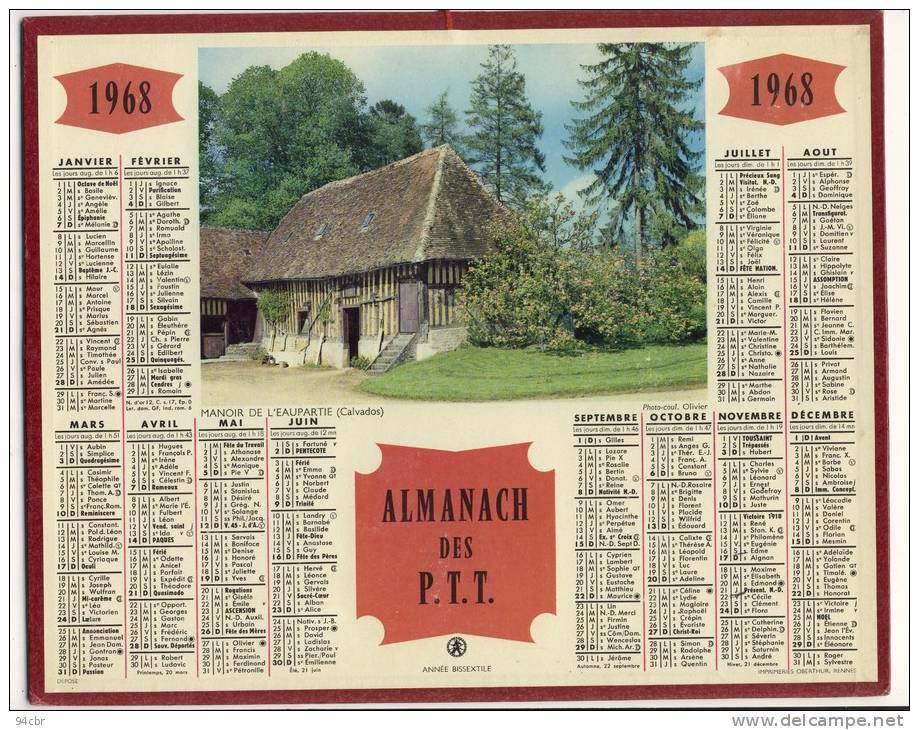 ALMANACH  DES POSTES ET DES TELEGRAPHES(   1968  ) Manoir De L Eaupartie (calvados) - Big : 1961-70