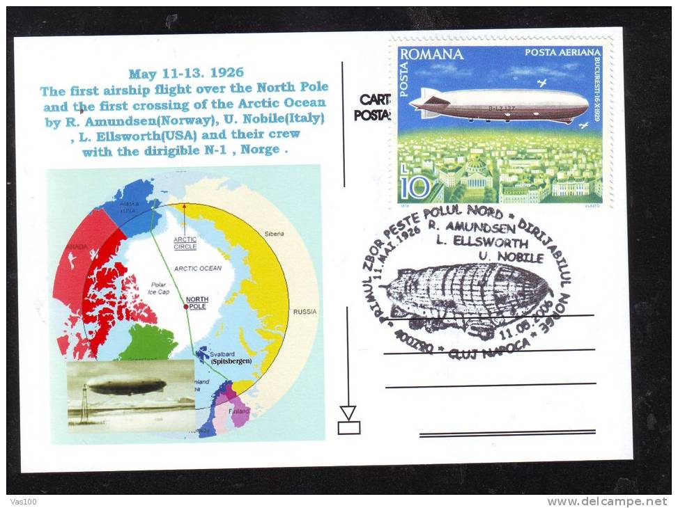 R.AMUNDSEN FLY WITH THE ZEPPELIN TO NORTH POLE, SPECIAL POSTCARD OBBLITERATION CONCONRDANTE  2006 CLUJ-NAPOCA  ROMANIA - Zeppelins