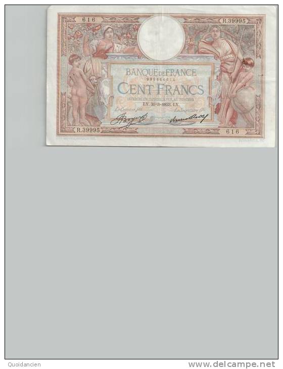 Billet  100 Francs Luc  Olivier  Merceron -  N°  616  -  Série  R . 39995  -  LY . 30-3-1933 .  LY . - 100 F 1908-1939 ''Luc Olivier Merson''