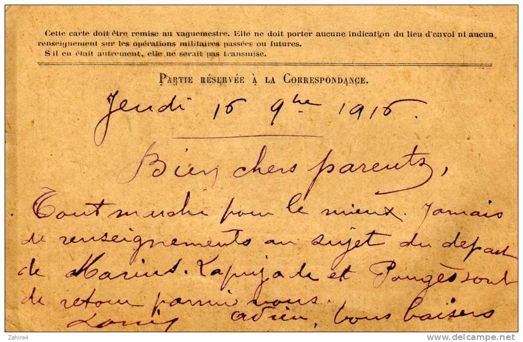 Correspondance Des Armées De La République - Carte En Franchise - D'un Musicien Au 4e Reg. D'inf. - Autres & Non Classés