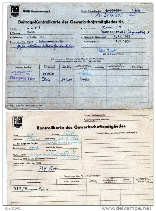 4 Kontrollkarten Der Gewerkschaft FDGB Voll Mit Marken 1958-76 - Vrac (max 999 Timbres)