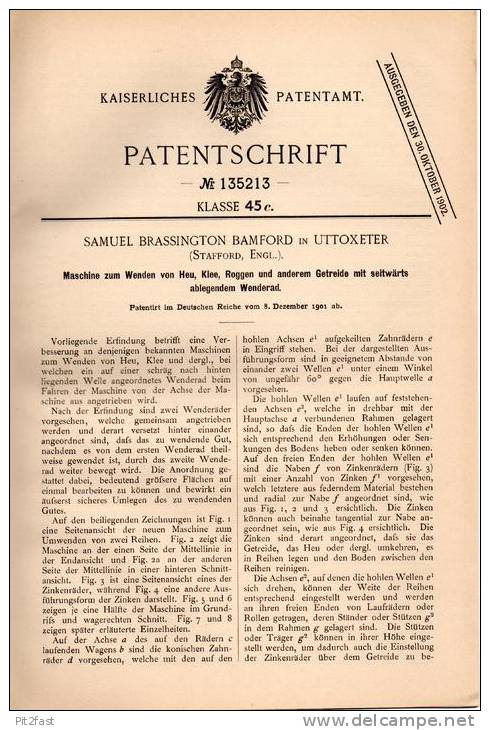 Original Patentschrift - S. Bamford In Uttoxeter , England , 1901 , Maschine Für Heu , Klee Und Getreide , Heuwender !!! - Tools